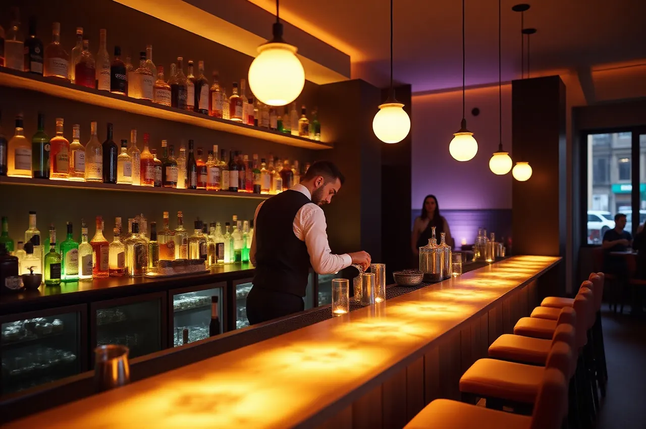 Barman w kamizelce przygotowuje koktajle przy długim barze z podświetlanymi butelkami