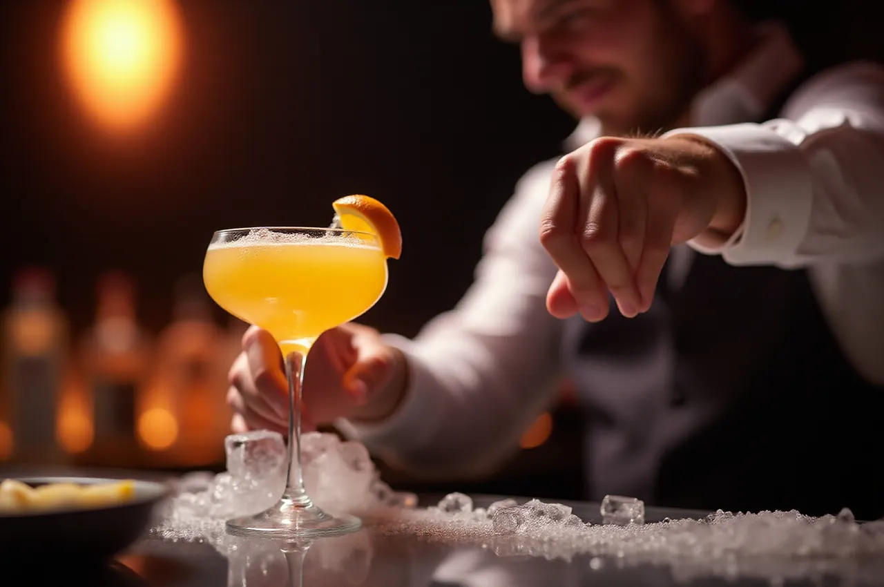 Dłonie barmana podające pomarańczowy spritz z lodem na barze