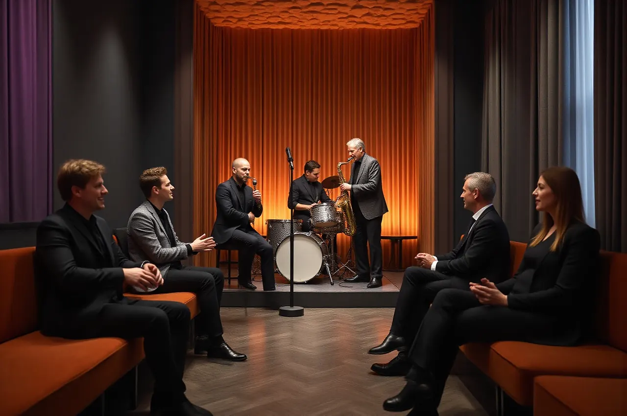 Jazzowe trio gra na małej scenie w salonie, goście słuchają