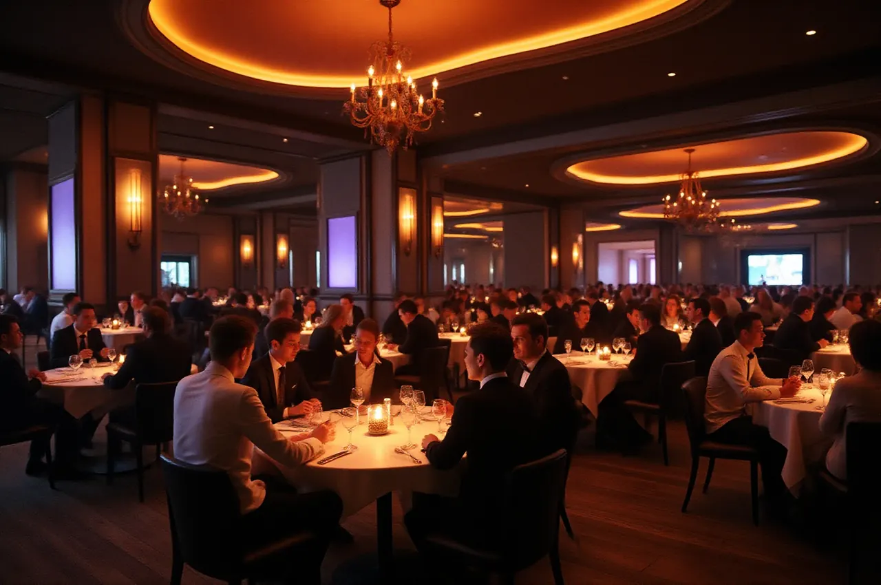 Elegancka sala restauracji Reflektor wieczorem, goście przy stolikach w ciepłym bursztynowo-fioletowym świetle