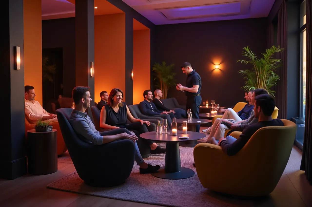 Goście odpoczywający w głębokich fotelach w lounge’u po kolacji, kelner podaje drinki